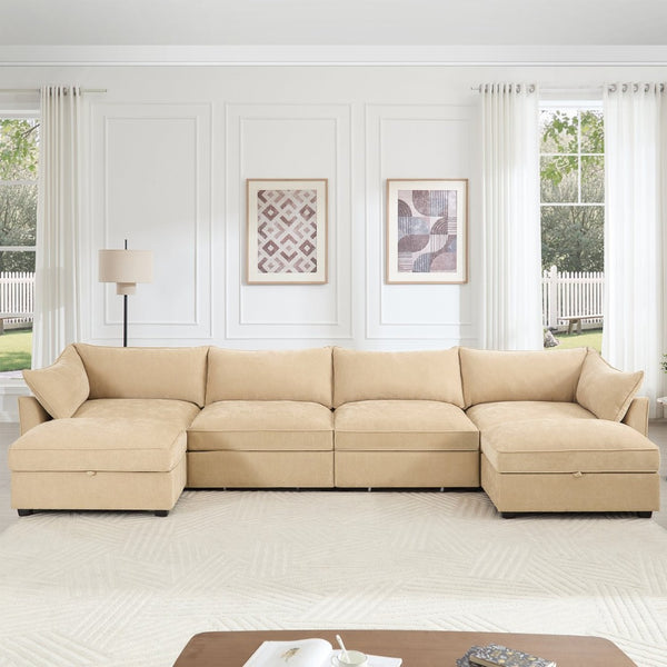 English Elm U Shape 4-Seater Modular Sofa With Movable Ottomans, Hidden Storage, & Plush Chenille In Wheat Color W3041S00181-GIGA