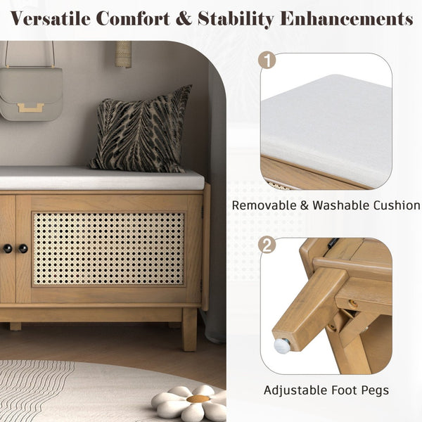 English Elm Trexm Bohemian Rattan Storage Bench Cushioned Seat Shoe Cabinet for Entryway N715P308012D