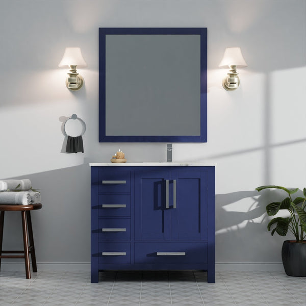 English Elm Navy Bathroom Vanity 36" W x 22" D with Right-Offset Carrara Top, Chrome Faucet, Soft-Close Storage B2731P259054