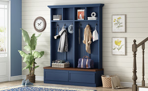 English Elm Rattan Door Hall Tree Bench with 6 Hooks Farmhouse Entryway Storage Blue N721S000076C