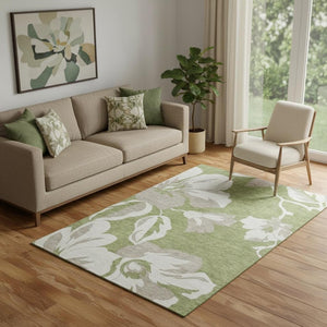 HomeRoots 5' X 8' Olive Green and Gray Floral Area Rug - Washable, Stain-Resistant, UV Protected for Homes 668001