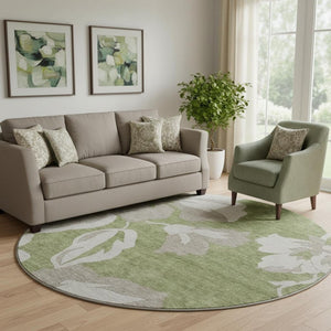 HomeRoots 8' Olive Green and Gray Floral Washable Round Rug with UV Protection – Durable, Stylish, Easy Care! 668002
