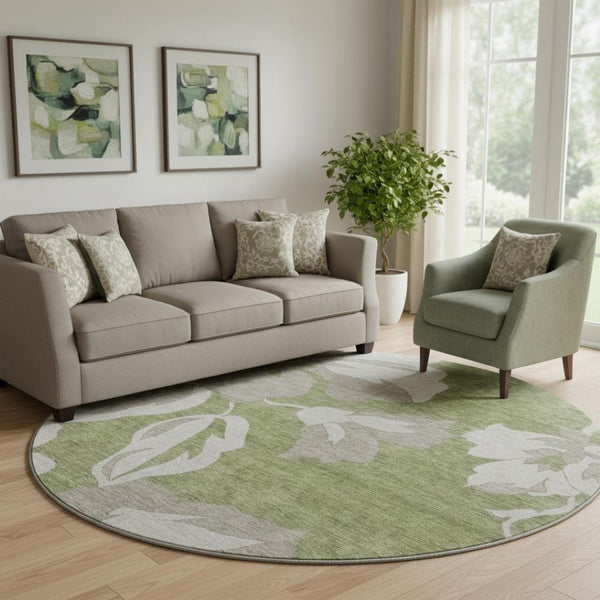 HomeRoots 8' Olive Green and Gray Floral Washable Round Rug with UV Protection – Durable, Stylish, Easy Care! 668002