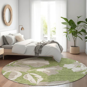 HomeRoots 8' Olive Green and Gray Floral Washable Round Rug with UV Protection – Durable, Stylish, Easy Care! 668002