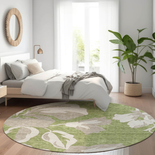 HomeRoots 8' Olive Green and Gray Floral Washable Round Rug with UV Protection – Durable, Stylish, Easy Care! 668002