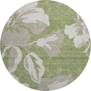 HomeRoots 8' Olive Green and Gray Floral Washable Round Rug with UV Protection – Durable, Stylish, Easy Care! 668002