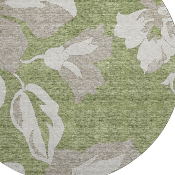 HomeRoots 8' Olive Green and Gray Floral Washable Round Rug with UV Protection – Durable, Stylish, Easy Care! 668002