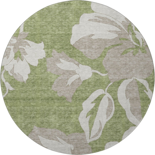 HomeRoots 8' Olive Green and Gray Floral Washable Round Rug with UV Protection – Durable, Stylish, Easy Care! 668002