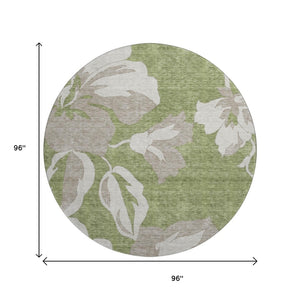 HomeRoots 8' Olive Green and Gray Floral Washable Round Rug with UV Protection – Durable, Stylish, Easy Care! 668002