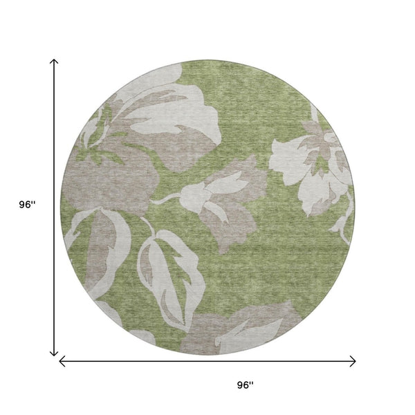 HomeRoots 8' Olive Green and Gray Floral Washable Round Rug with UV Protection – Durable, Stylish, Easy Care! 668002