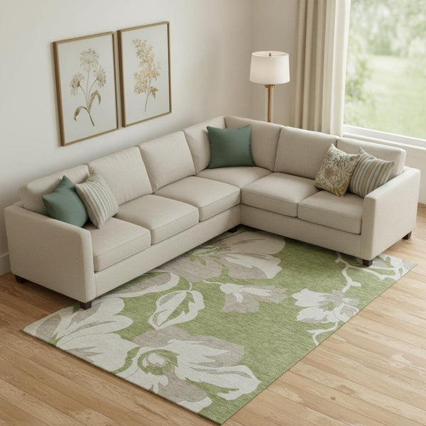 HomeRoots 8' X 10' Olive Green Gray Floral Area Rug - Washable, Stain Resistant, UV Protected for Busy Homes 668003