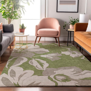 HomeRoots 8' X 10' Olive Green Gray Floral Area Rug - Washable, Stain Resistant, UV Protected for Busy Homes 668003