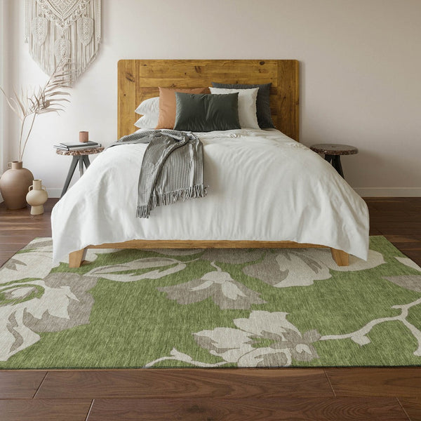 HomeRoots 8' X 10' Olive Green Gray Floral Area Rug - Washable, Stain Resistant, UV Protected for Busy Homes 668003
