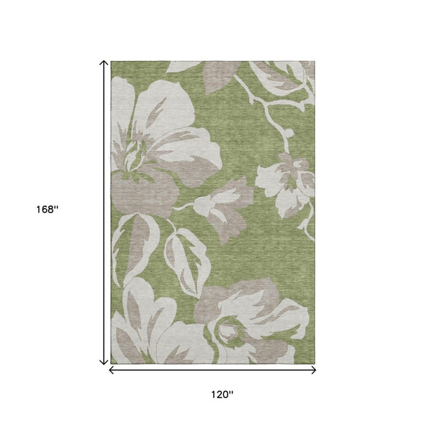 HomeRoots 10' Olive Green & Gray Floral Washable Area Rug - UV Protected, Stain Resistant, Durable Design 668005