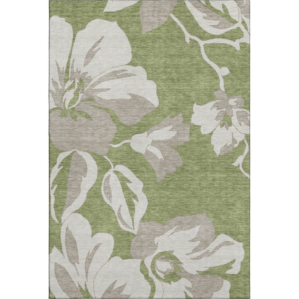 HomeRoots 10' Olive Green & Gray Floral Washable Area Rug - UV Protected, Stain Resistant, Durable Design 668005