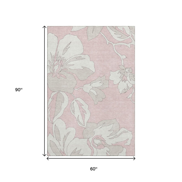 HomeRoots 5' X 8' Pink and Ivory Floral Washable Area Rug with Stain Resistance & UV Protection for Homes 668007