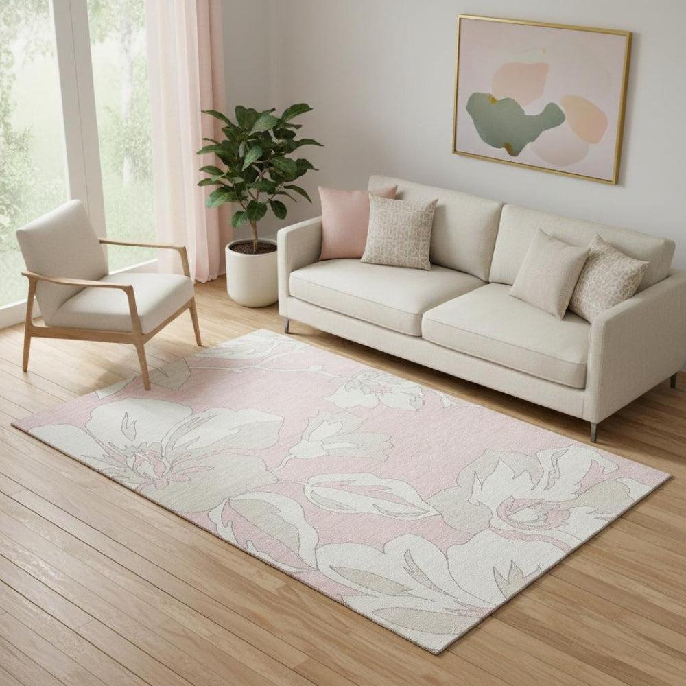 HomeRoots 5' X 8' Pink and Ivory Floral Washable Area Rug with Stain Resistance & UV Protection for Homes 668007