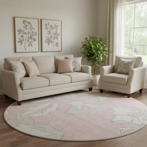 HomeRoots 8' Pink and Ivory Floral Washable Round Rug - Durable, UV-Protected, and Stylish for Any Room 668008
