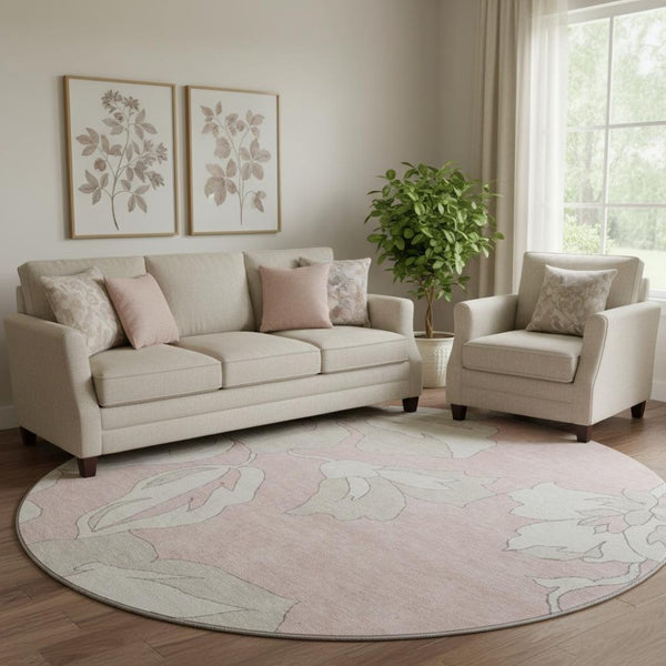 HomeRoots 8' Pink and Ivory Floral Washable Round Rug - Durable, UV-Protected, and Stylish for Any Room 668008