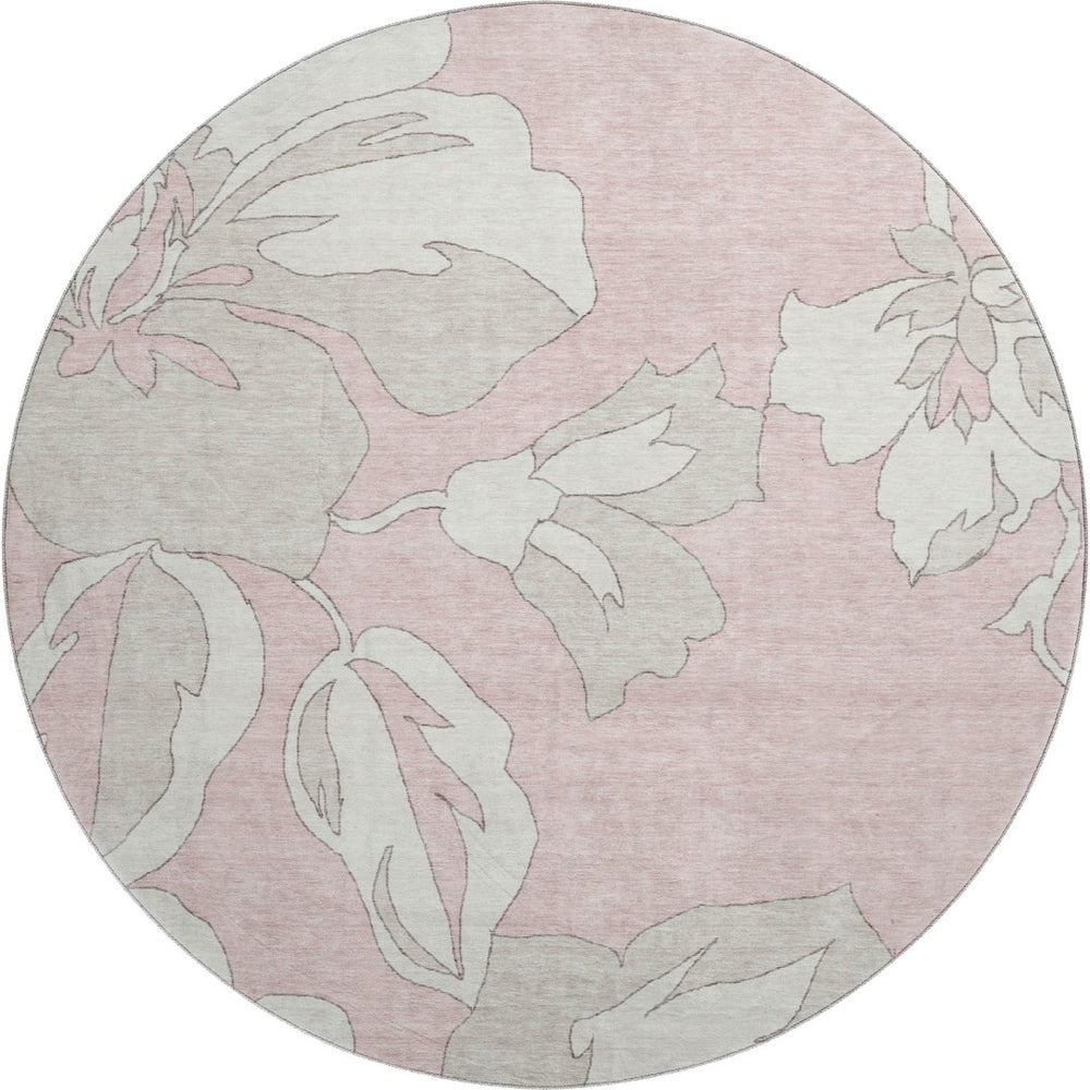 HomeRoots 8' Pink and Ivory Floral Washable Round Rug - Durable, UV-Protected, and Stylish for Any Room 668008