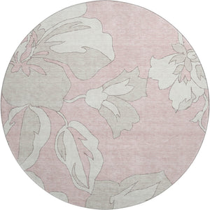 HomeRoots 8' Pink and Ivory Floral Washable Round Rug - Durable, UV-Protected, and Stylish for Any Room 668008