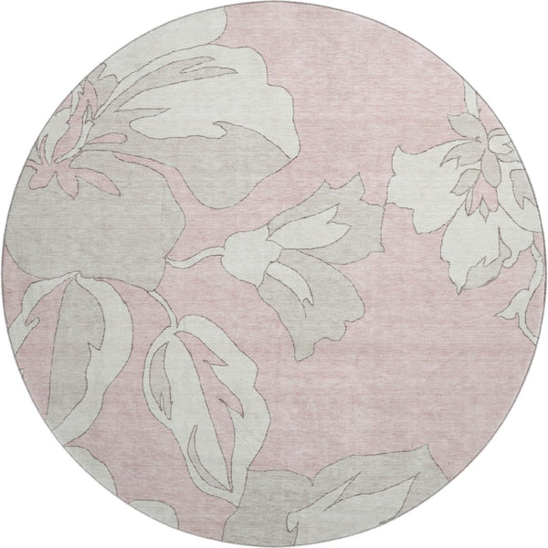 HomeRoots 8' Pink and Ivory Floral Washable Round Rug - Durable, UV-Protected, and Stylish for Any Room 668008