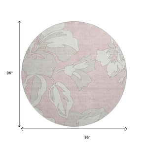 HomeRoots 8' Pink and Ivory Floral Washable Round Rug - Durable, UV-Protected, and Stylish for Any Room 668008