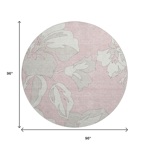HomeRoots 8' Pink and Ivory Floral Washable Round Rug - Durable, UV-Protected, and Stylish for Any Room 668008