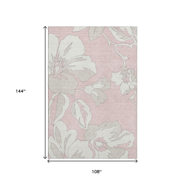 HomeRoots 9' X 12' Pink Floral Area Rug - Washable, UV-Protected, Stain-Resistant for Elegant Home Decor 668010