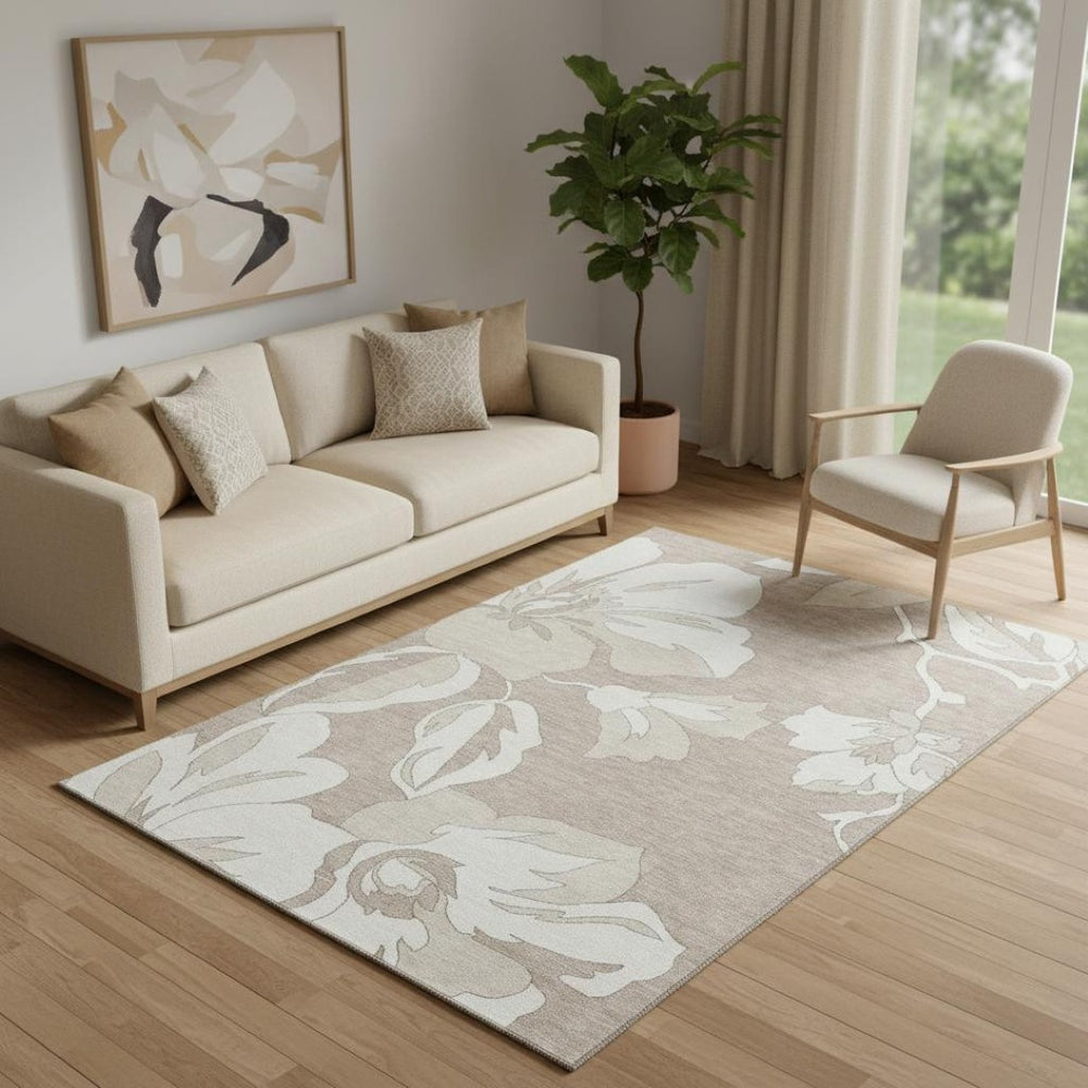 HomeRoots 5' X 8' Taupe and Ivory Washable Floral Area Rug with UV Protection for Stylish Home Decor 668013