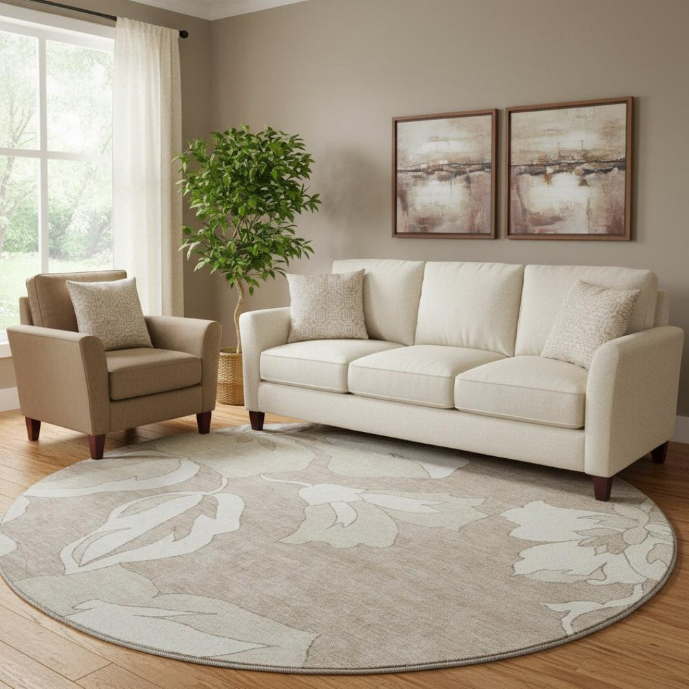 HomeRoots 8' Taupe and Ivory Floral Round Area Rug – Washable, UV Protected, Stylish, Durable Design for Homes 668014