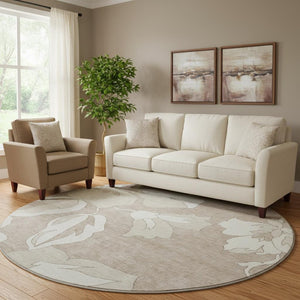 HomeRoots 8' Taupe and Ivory Floral Round Area Rug – Washable, UV Protected, Stylish, Durable Design for Homes 668014