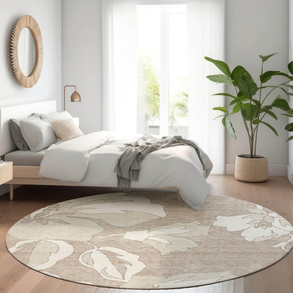 HomeRoots 8' Taupe and Ivory Floral Round Area Rug – Washable, UV Protected, Stylish, Durable Design for Homes 668014