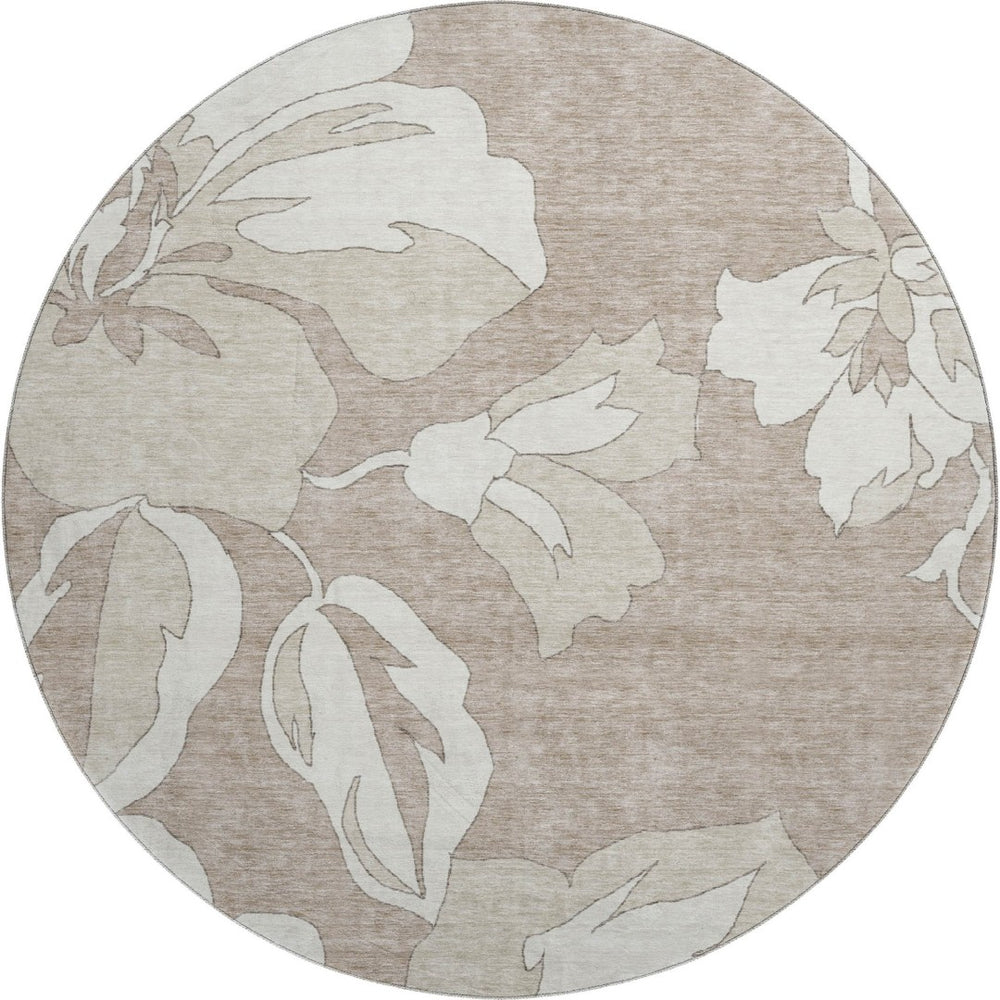 HomeRoots 8' Taupe and Ivory Floral Round Area Rug – Washable, UV Protected, Stylish, Durable Design for Homes 668014