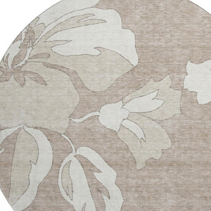 HomeRoots 8' Taupe and Ivory Floral Round Area Rug – Washable, UV Protected, Stylish, Durable Design for Homes 668014