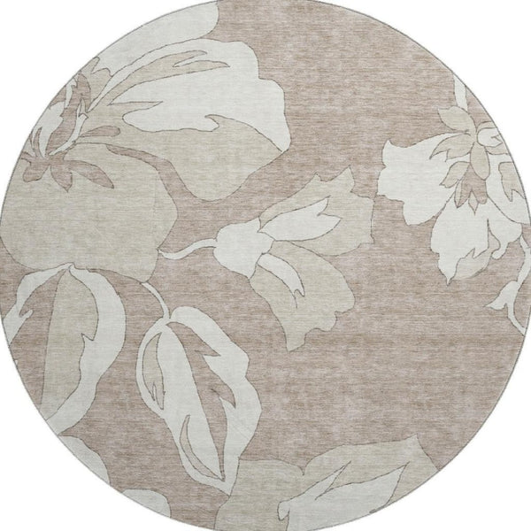 HomeRoots 8' Taupe and Ivory Floral Round Area Rug – Washable, UV Protected, Stylish, Durable Design for Homes 668014