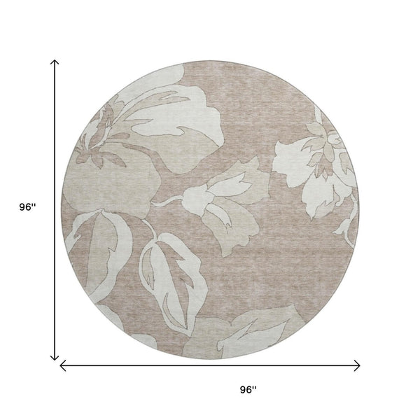 HomeRoots 8' Taupe and Ivory Floral Round Area Rug – Washable, UV Protected, Stylish, Durable Design for Homes 668014