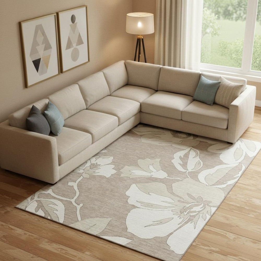 HomeRoots 9' X 12' Taupe Floral Area Rug – Washable with UV Protection, Durable for Busy Homes & Stylish Decor 668016