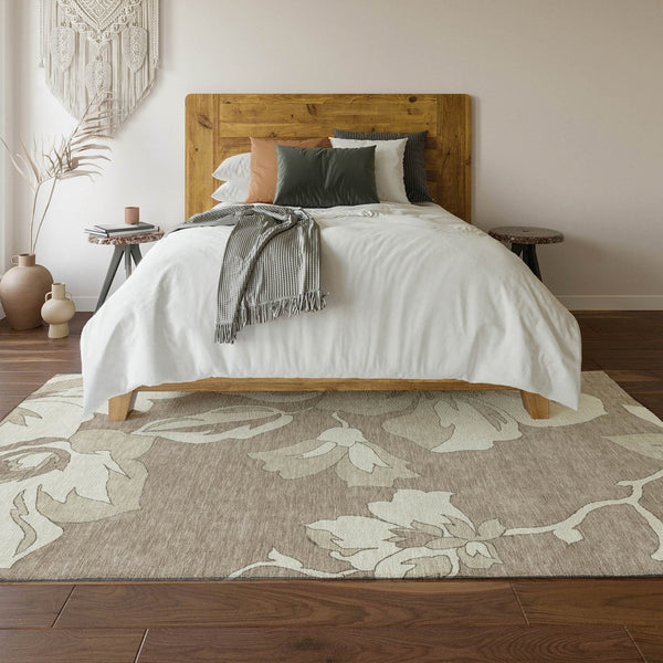 HomeRoots 9' X 12' Taupe Floral Area Rug – Washable with UV Protection, Durable for Busy Homes & Stylish Decor 668016