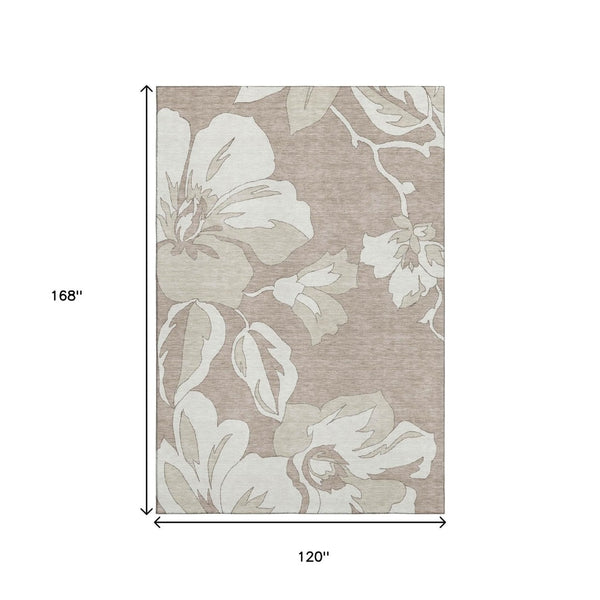 HomeRoots 10' X 14' Elegant Taupe & Ivory Floral Area Rug - Stain Resistant, UV Protected for Busy Homes! 668017