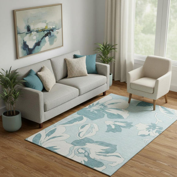 HomeRoots 5' X 8' Teal and Ivory Floral Area Rug - Durable, Washable, Stain Resistant with UV Protection! 668019