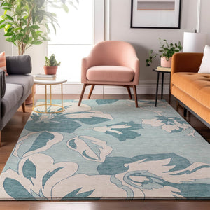 HomeRoots 5' X 8' Teal and Ivory Floral Area Rug - Durable, Washable, Stain Resistant with UV Protection! 668019