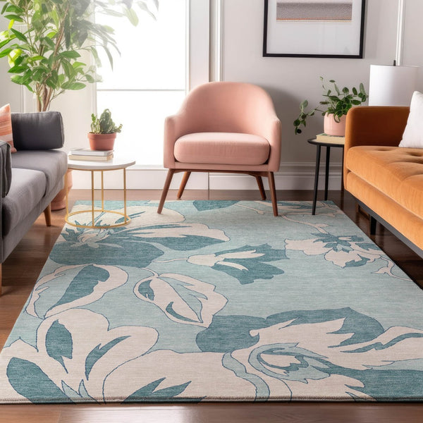 HomeRoots 5' X 8' Teal and Ivory Floral Area Rug - Durable, Washable, Stain Resistant with UV Protection! 668019