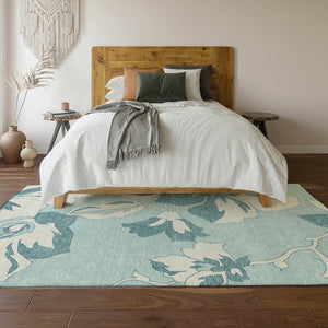 HomeRoots 5' X 8' Teal and Ivory Floral Area Rug - Durable, Washable, Stain Resistant with UV Protection! 668019
