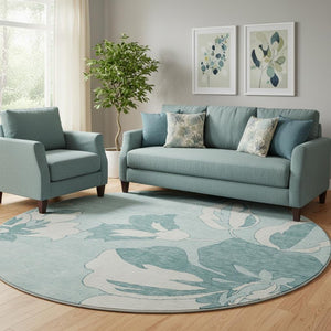 HomeRoots 8' Teal and Ivory Floral Round Rug - Washable, UV-Protected, Durable Design for Busy Homes 668020