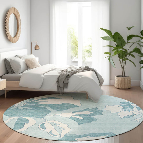 HomeRoots 8' Teal and Ivory Floral Round Rug - Washable, UV-Protected, Durable Design for Busy Homes 668020