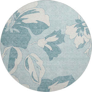 HomeRoots 8' Teal and Ivory Floral Round Rug - Washable, UV-Protected, Durable Design for Busy Homes 668020