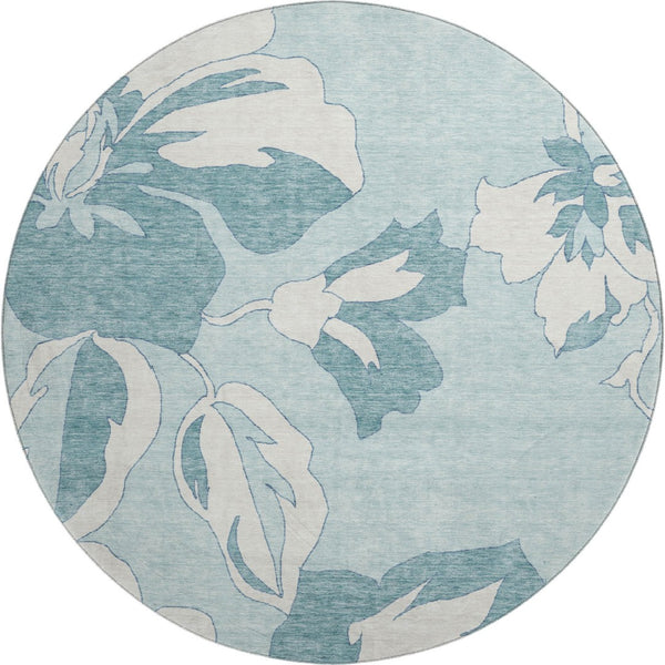HomeRoots 8' Teal and Ivory Floral Round Rug - Washable, UV-Protected, Durable Design for Busy Homes 668020