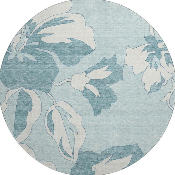 HomeRoots 8' Teal and Ivory Floral Round Rug - Washable, UV-Protected, Durable Design for Busy Homes 668020