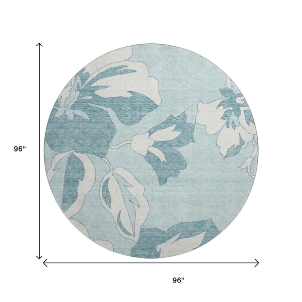 HomeRoots 8' Teal and Ivory Floral Round Rug - Washable, UV-Protected, Durable Design for Busy Homes 668020